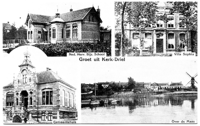 14-10066 Groeten uit, met vier inzetten: hervormde lagere school, villa Sophia, gemeentehuis en Maasgezicht met molen