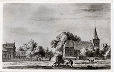 15-10007 Prent van J. de Beijer van de Hervormde kerk met dorpspomp