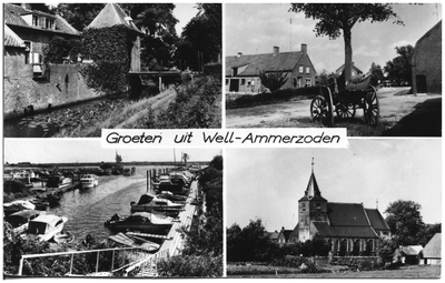 21-10085 Groeten uit Well - Ammerzoden met vier inzetten, Slot Well, haven Ammerzoden, hervormde kerk Well en boerenkar