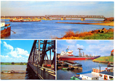 22-10034 Drie afbeeldingen: zicht op bruggen, verkeersbrug en haven met scheepswerf