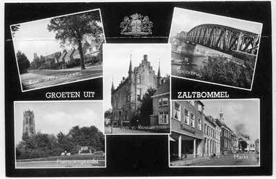 22-10278 Vijf inzetten: Koningin Wilhelminaweg, Maarten van Rossemhuis, spoorbrug, plantsoen met monument 1813 en Markt