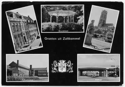 22-10279 Vijf inzetten: katholiek huis Sint Antonius, muzoektent, Stadspomp Waterman, Rijksatheneum (HBS) en viaduct ...