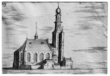 22-10714 Tekening van J. Stellingwerf van de Gasthuiskerk en -toren omstreeks 1750