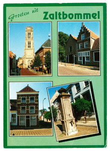 22-10772 Groeten uit, met vier inzetten: Sint Maartenstoren, stadspomp Gamerschestraat, woningen Hendrik de Keyzer in ...