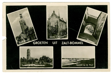 22-10773 Groeten uit Zaltbommel, met vijf inzetten: Gasthuistoren, Maarten van Rossemhuis, Waterpoort, Sint ...