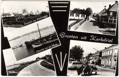14-10125 Groeten uit, met vijf inzetten: Pietersdijk, boten op de Maas, dijk met rivier, Maasbandijk en mgr. Zwijsenplein