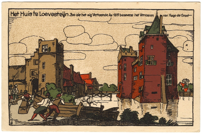 18-10155 Getekende voorstelling van Slot Loevestein en de ontsnapping van Hugo de Groot in een boekenkist