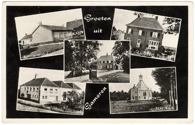 9-10077 Groeten uit, met vijf inzetten: kleuterschool,N.H. pastorie, Stoutenhof, dorpshuis en N.H. kerk